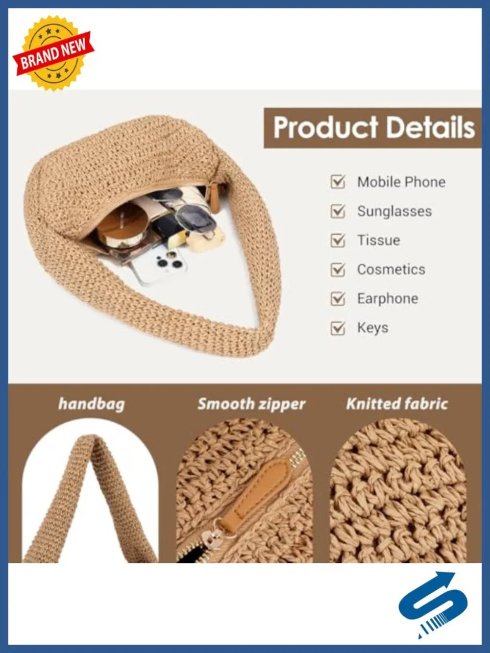 Crochet Straw Bag Summer Beach Bag Woven Hobo Shoulder Bag Half Moon Tote Purse